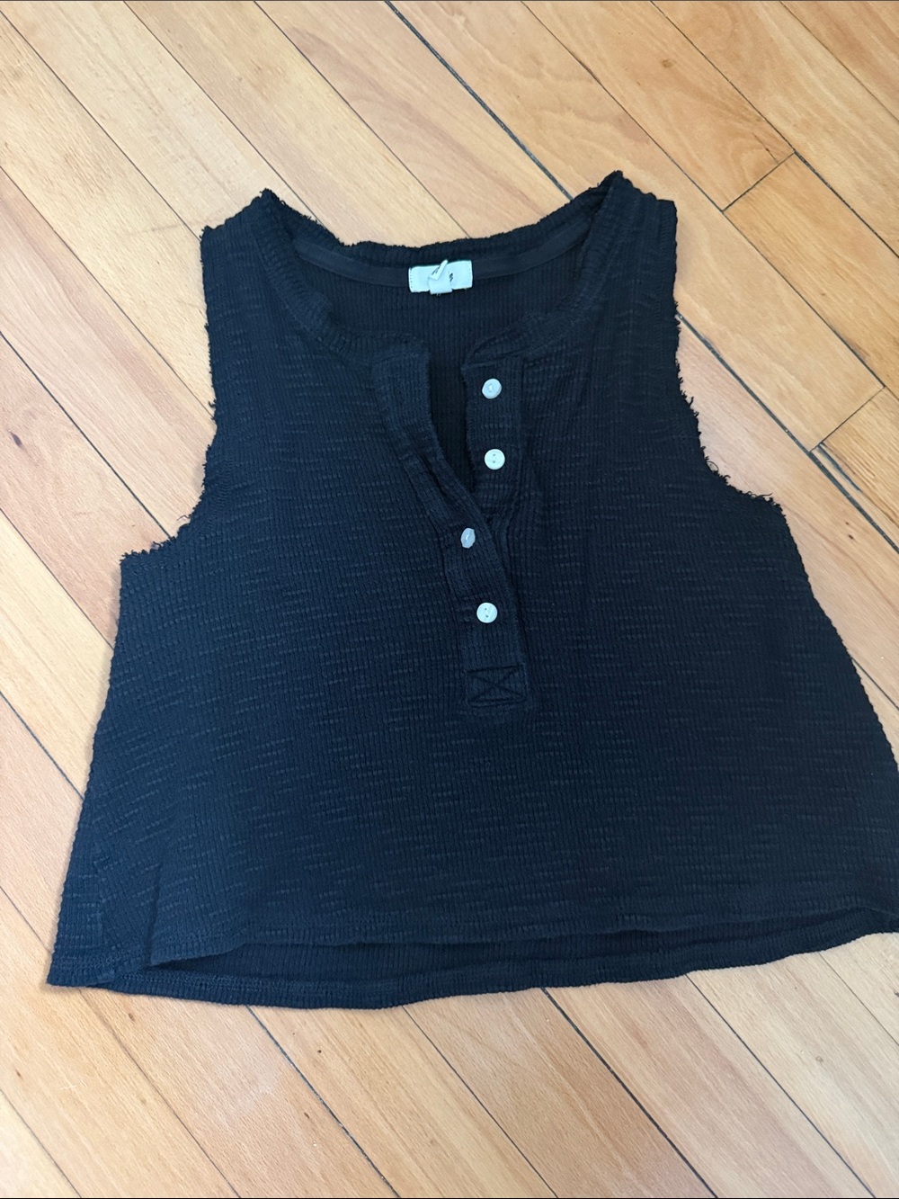 aerie Black Textured Sleeveless Henley Crop Top